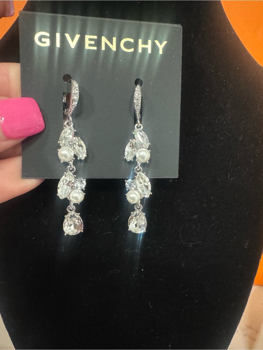 Givenchy Silver Crystal & Pearl Linear Drop Earrings